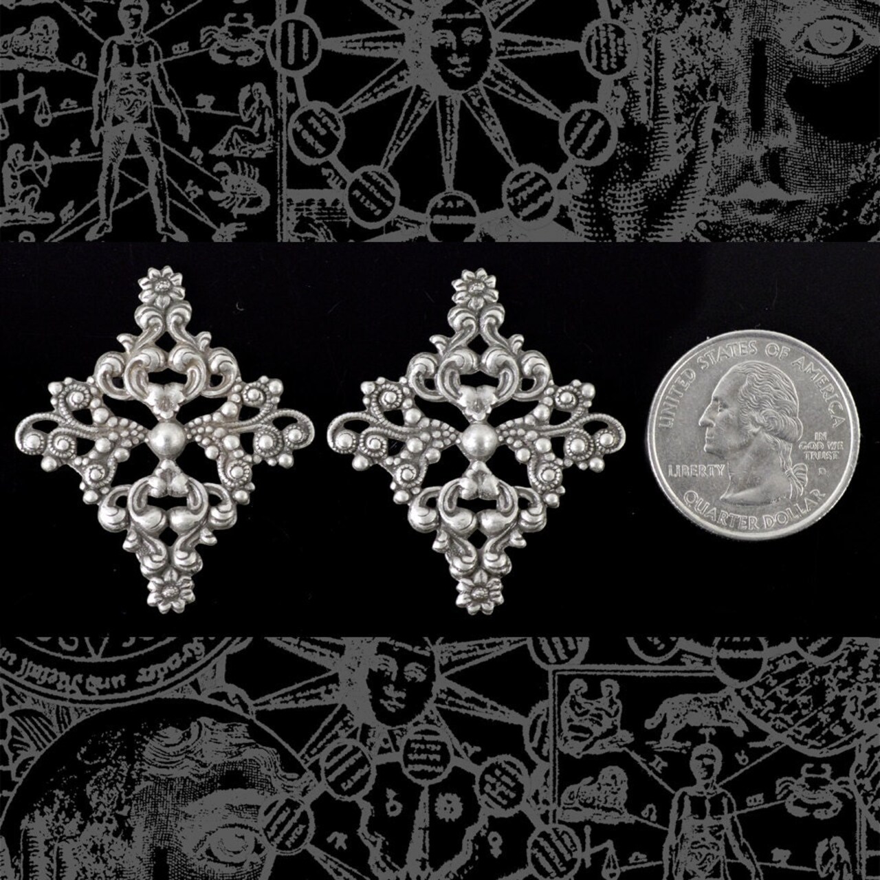 Antiqued Silver Plated Brass Large Floral Ornate Diamond Filigrees for Cameo Setting - Set of Two - S-W30